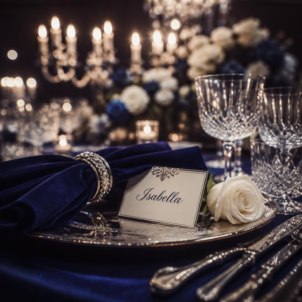 Elegantes Gedeck mit silbernem Teller, blauer Serviette und kleinem Blumenarrangement im Ballsaal