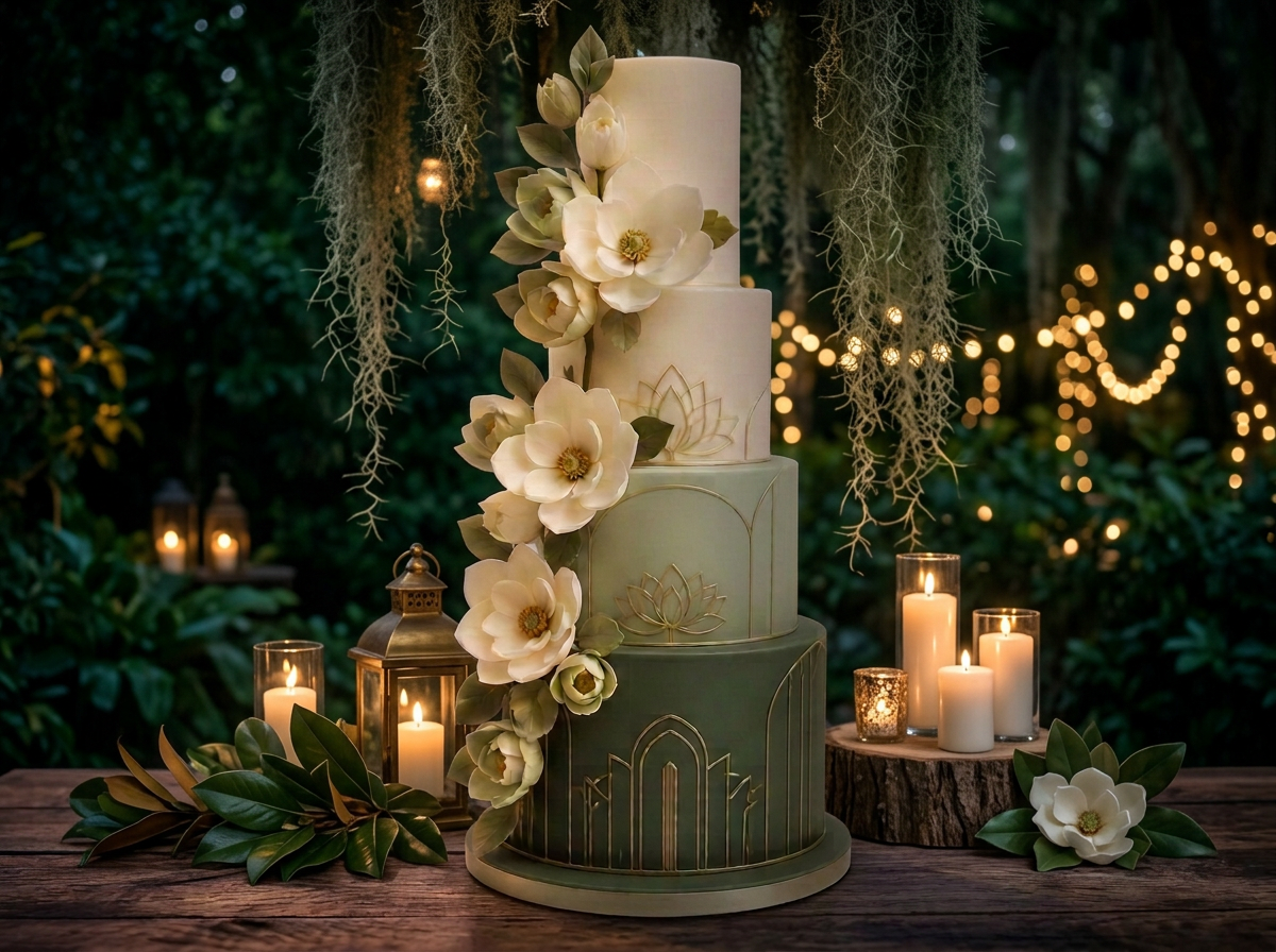 Vierstöckige Hochzeitstorte in Elfenbein und Salbei- bis Smaragdgrün mit goldenen Art-déco-Linien und cremefarbenen Zuckermagnolien