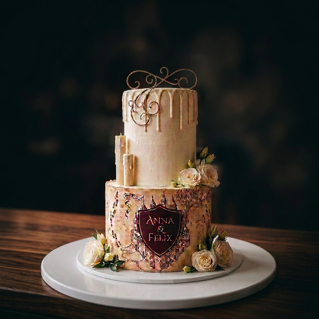 Dreistöckige Hochzeitstorte in Elfenbein mit Wachstropfen-Drip, echten Kerzen und Pergamentkarten-Motiv mit bordeauxrotem Siegel