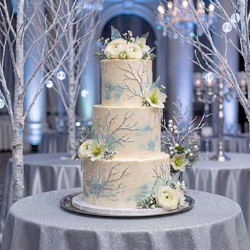Vollständig sichtbare dreistöckige Winterball-Hochzeitstorte in Elfenbein, Eisblau und Silber auf einem silbernen Ständer