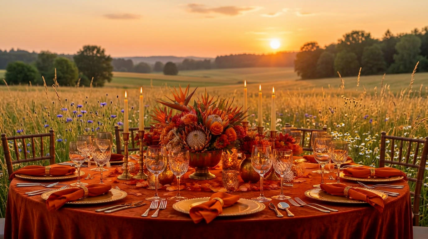 Runder Hochzeitstisch in warmen Bernstein- und Orangetönen mit Protea, Birds of Paradise und Kerzenschein über der Savanne im Sonnenuntergang