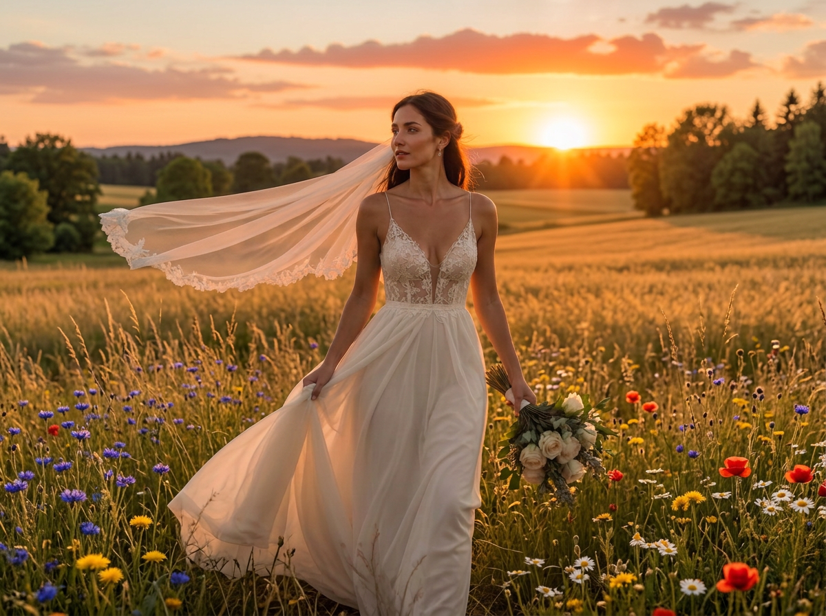 Braut in elfenbeinfarbenem Kleid mit goldenem Schimmer im hohen Savannengras beim Sonnenuntergang, Akazien im Hintergrund