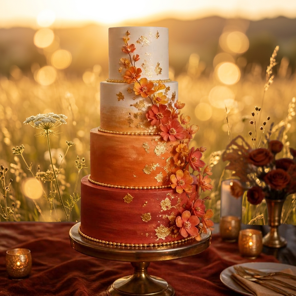 Vierstöckige Hochzeitstorte in Sonnenuntergang-Ombre von Elfenbein über Bernstein bis Terrakotta mit Korallen- und Goldzuckerblumen