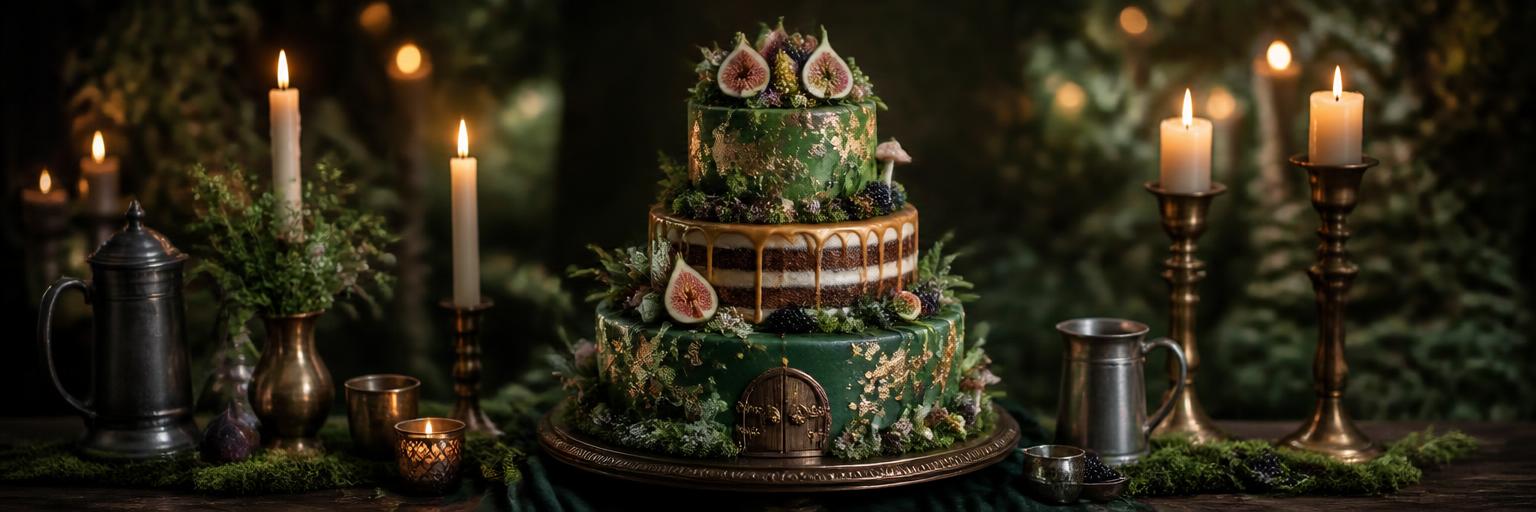 Prächtige dreistöckige Hochzeitstorte in Moosgrün und Schokoladenbraun mit Goldakzenten, Feigen, Beeren, Moos, Pilzen und bronzenem Türdetail