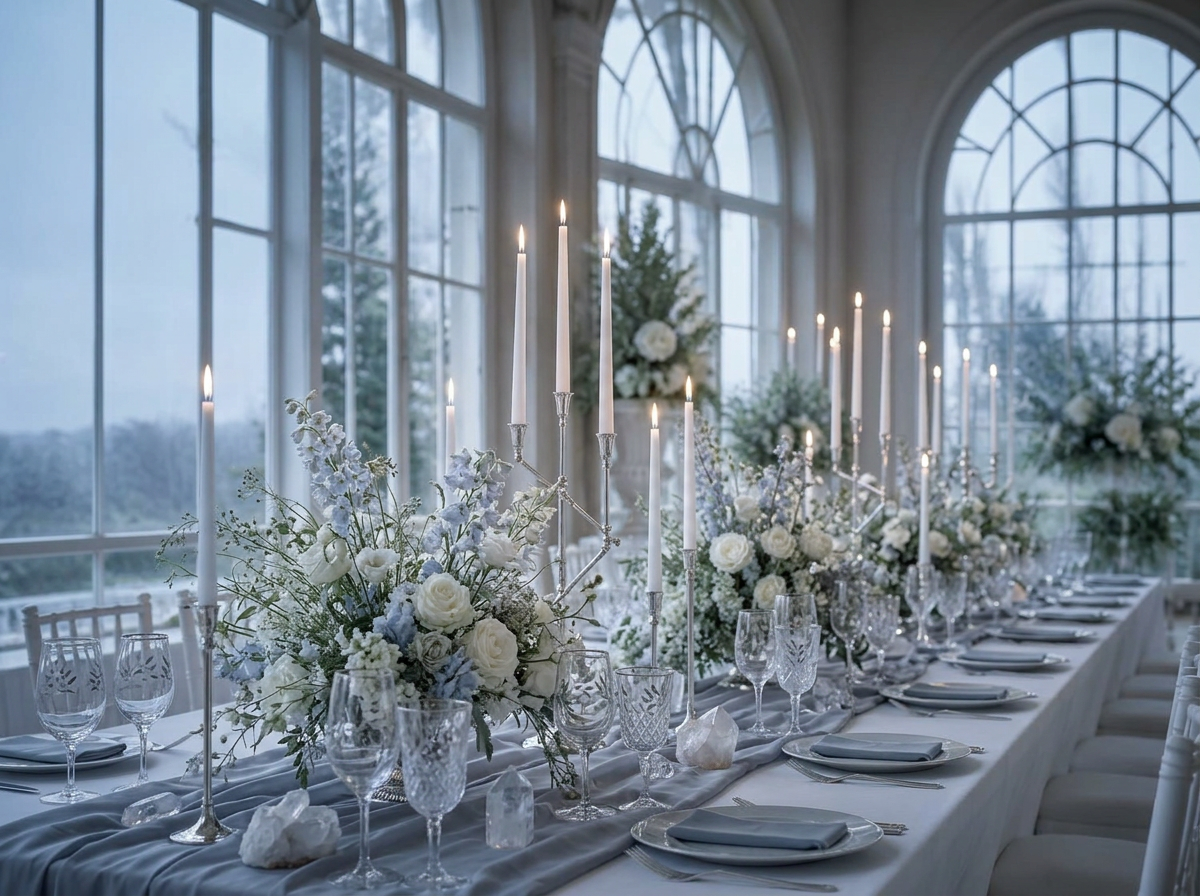 Elegante Hochzeitstafel in einer hellen, elfenhaften Orangerie mit hohen gotischen Fenstern, schlanken Silberkandelabern, weißen Rosen, taubenblauen Blüten und zarten Kristallakzenten