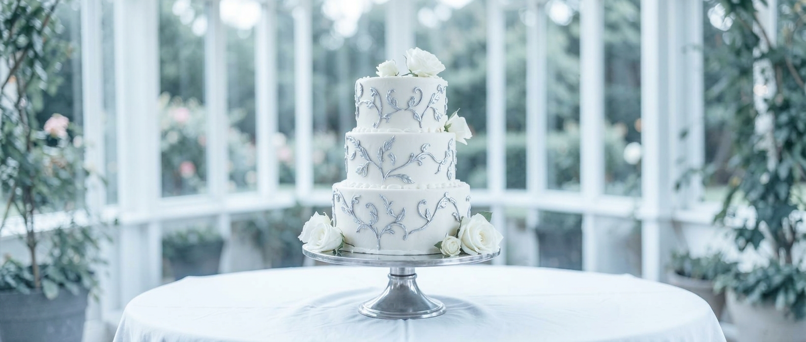 Dreistöckige Elfenbeintorte mit fein gearbeiteten silbernen Blattranken und weißen Rosen auf einem Silberständer in einer hellen Orangerie