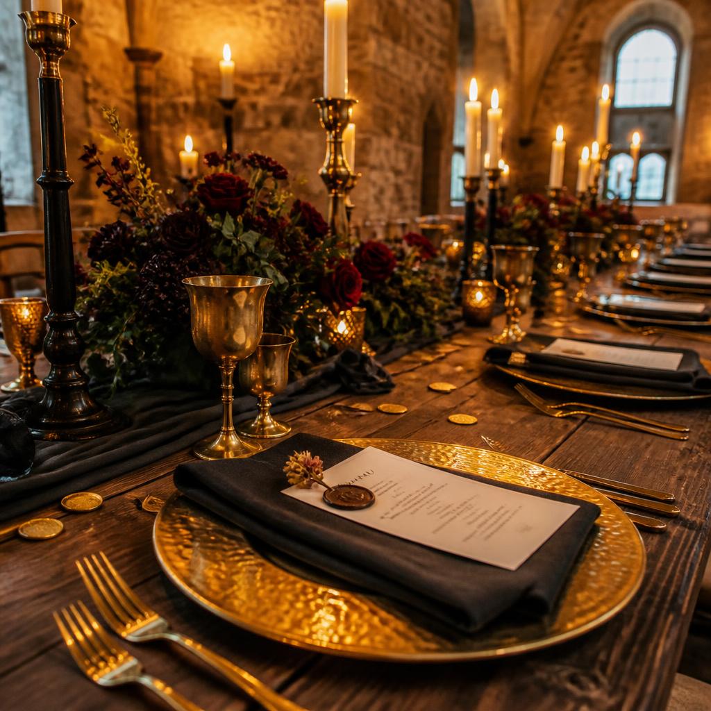 Festlich gedeckte Tafel im Steinsaal mit goldenen Tellern, schwarzen Servietten, Menükarten, Messingkelchen, Kerzen und Goldmünzen als Streudeko