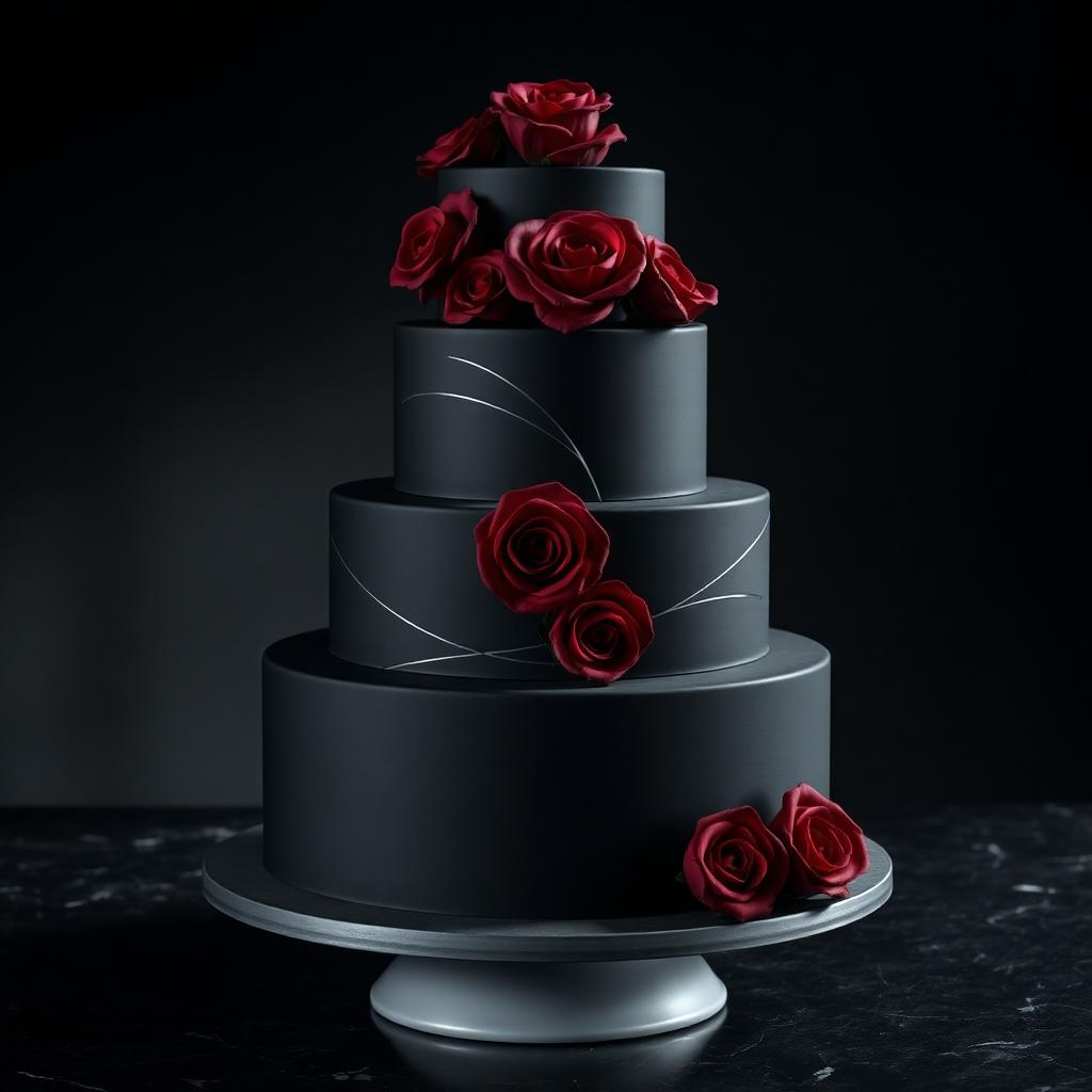 Dreistöckige Hochzeitstorte in mattem Schwarz mit tiefroten Zuckerrosen und feinen silbernen Linien